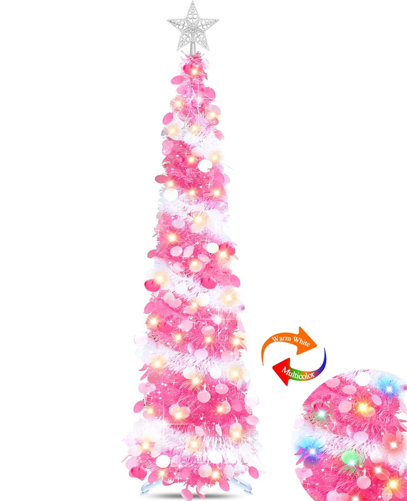 TURNMEON Dual Color Change&Timer 5 Ft Pop Up Christmas Tree, 8 Modes 50 Warm Lights&Colored Lights Star, Glitter Slim Tinsel Pencil Christmas Tree Battery Operated Xmas Tree Indoor Home(Pink White)