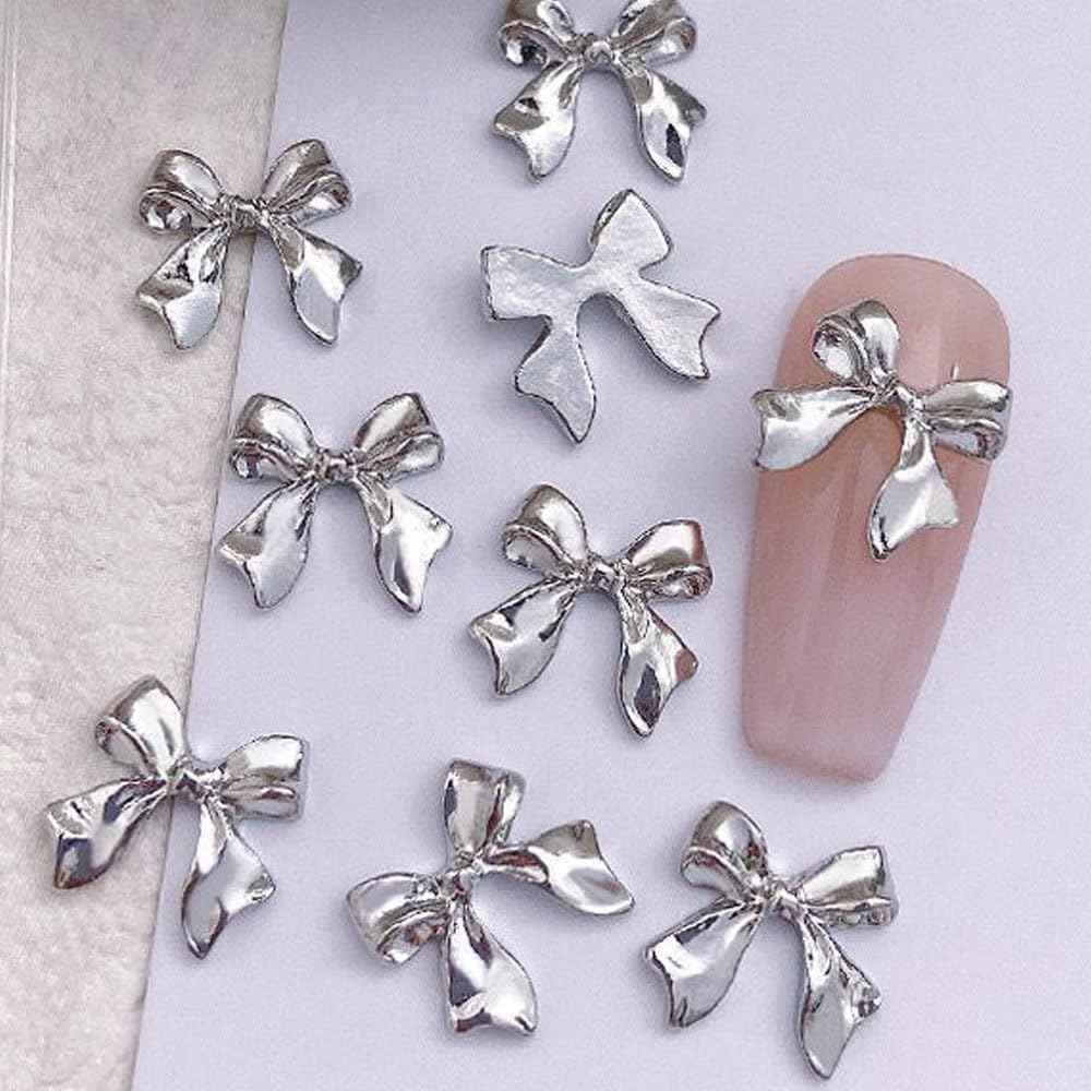 KACHIMOO 40pcs Bow Nail Charms - Gold & Silver Bowknots 3D Alloy Nail Art Bows