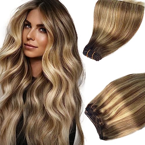 Sew in Hair Extensions Real Human Hair, 16 Inch 100G Weft Bundles Ombre Brown and Blonde Balayage Highlights Weave for Women