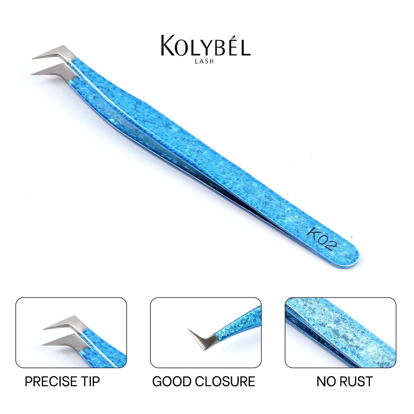 Kolybel Eyelash Extension Tweezers Professional Stainless Steel Lash Tweezers for Mega Volume and Mink Eyelashes Extensions Applying（Blue-K02)