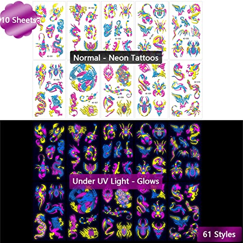 Neon Temporary Tattoos - 61 Glitter Styles, UV Glow, Waterproof