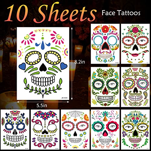 Day of the Dead Face Tattoos, 10 Pack Halloween Temporary Tattoo