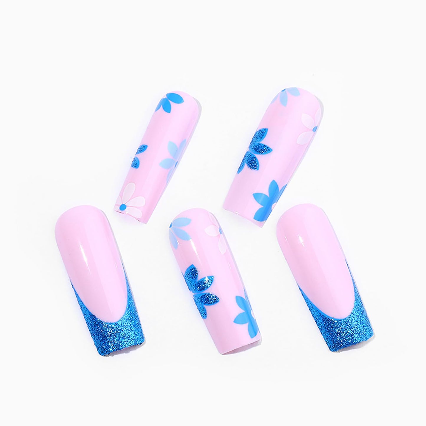 Rilafuvu French Tip Press on Nails Medium Fake Nails Coffin Pink Acrylic Nails with Flower Designs Glue on Nails Glitter Artificial Nails Stick on Nails Press on Nail for Women and Girls 24Pcs