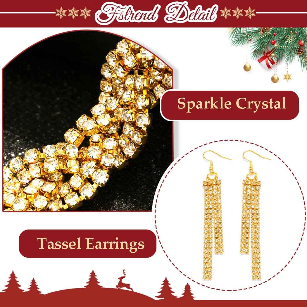 Fstrend Christmas Rhinestone Headband Gold Tassel Earrings Elastic Crytal Headpieces Xmas for Women (Gold)