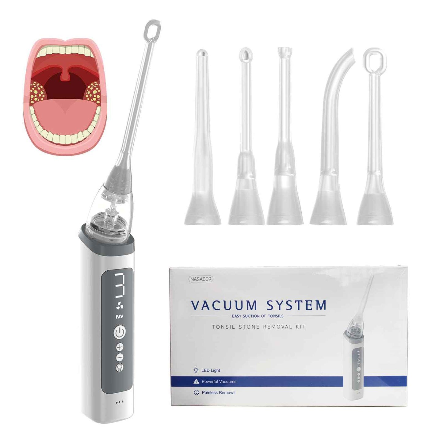 Electric Tonsil Stone Remover Kit - 5 Silicone Tips, 3 Suction Levels, Rapid USB-C Charging, Integrated LED - Gentle & Painless for Home Use, Doctor Recommended