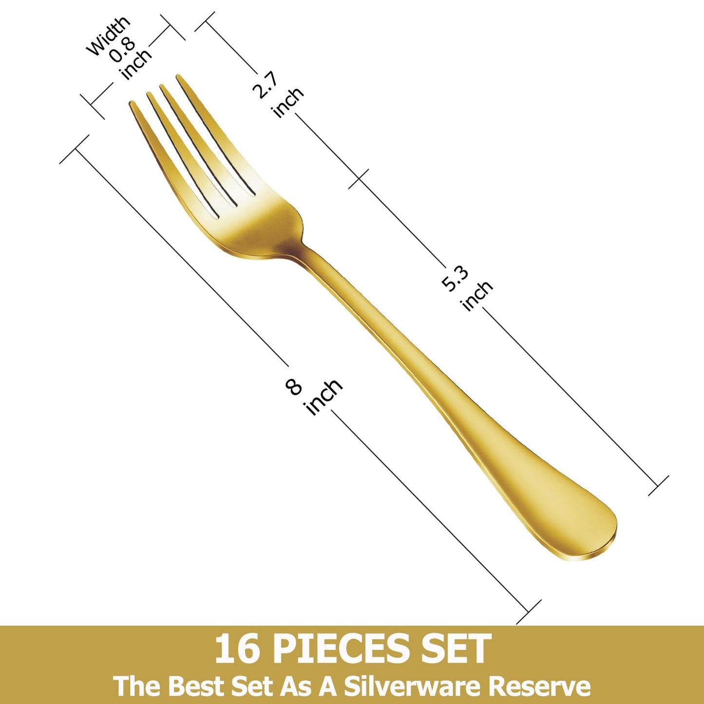 16 Piece Gold Dinner Forks Set, Food-Grade Stainless Steel Silverware Forks, Cutlery Forks, Metal Forks for Home, Kitchen or Restaurant, Mirror Polished, Dishwasher Safe - 8 Inch