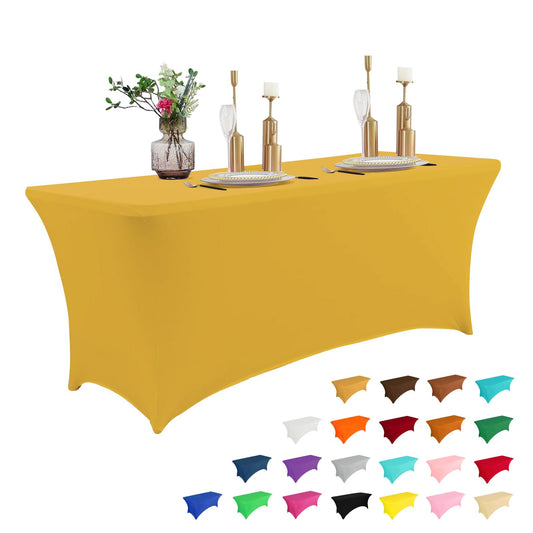 IVAPUPU 6FT Table Cloth for Rectangular Fitted Events Stretch Gold Color Table Covers Washable Table Cover Spandex Tablecloth Table Protector for Party, Wedding, Cocktail, Banquet, Festival