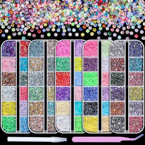 5 Boxes 2mm Flatback Nail Rhinestones Kit 13200 Pcs Colorful AB Round Transparent White Rainbow Crystal AB Gems Half Pearls with Pick Up Pen and Picker Tweezers for Craft Art and Face Makeup(2mm)