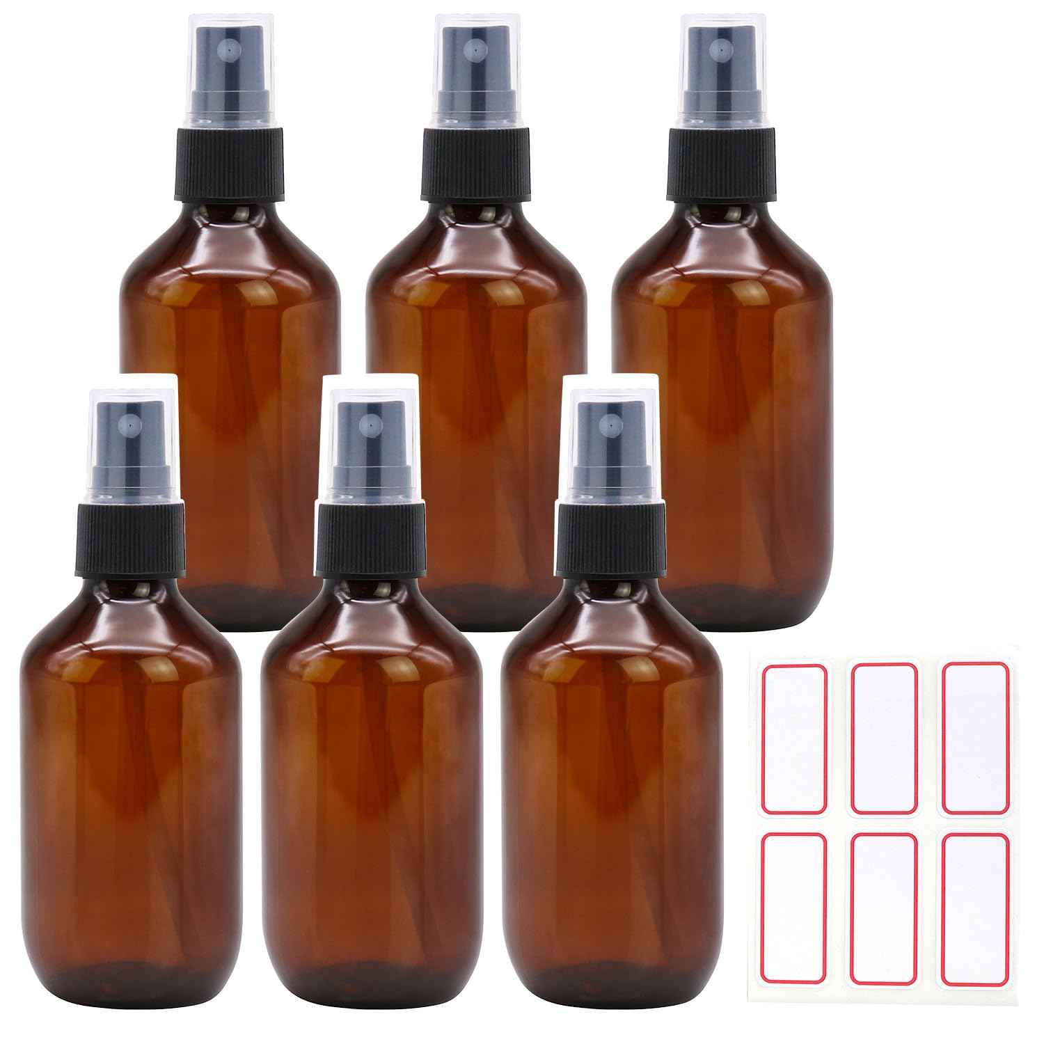 TRENDBOX 6 Pack 3.4oz Amber Spray Bottles, Small Fine Mist Mister Plastic Travel Bottles, Empty Bottles Set for Essential Oils Hair