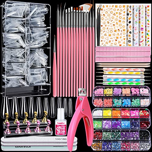 Teenitor Acrylic Press On Nail Art Starter Kit with 600 Clear Coffin Tips