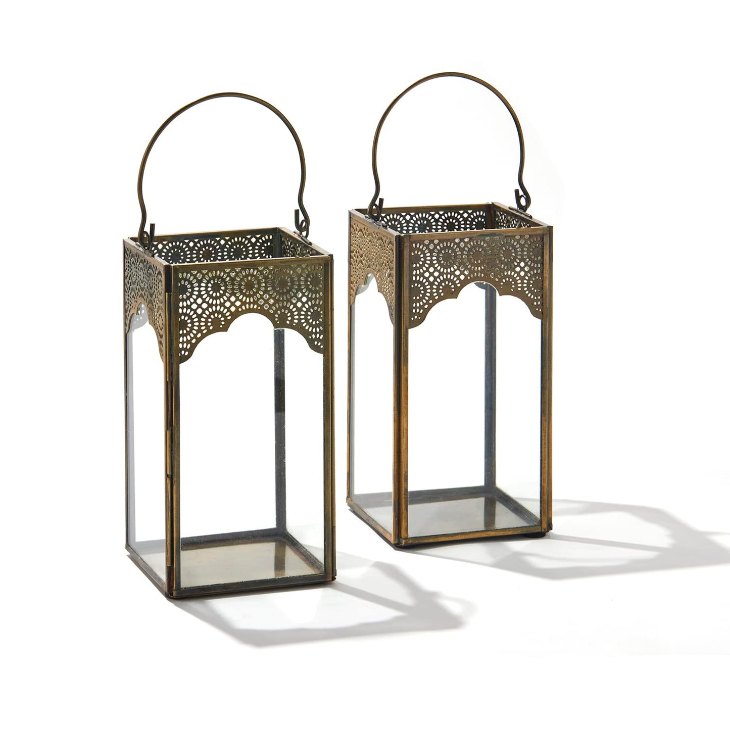 LampLust Moroccan Lantern Candle Holder, 2 Pack, 6.5 Inch, Aged Brass Decorative Lanterns for Table Top Decor, Metal & Glass Candle Lantern, Eid Ramadan Fanoos Seasonal Decor, Wedding Centerpieces