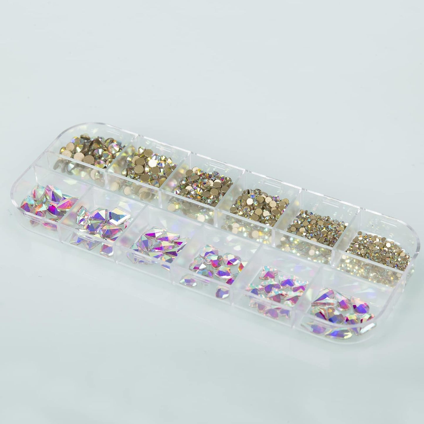 QEZEZA Nail Art Rhinestones Kit, Rhinestone Nail Face Gems, Nail Art Ab Flatback Rhinestones Gems Stones with Storage Organizer Box, (1.5mm - 10mm) 1000PCS 12 Sizes - Dazzling