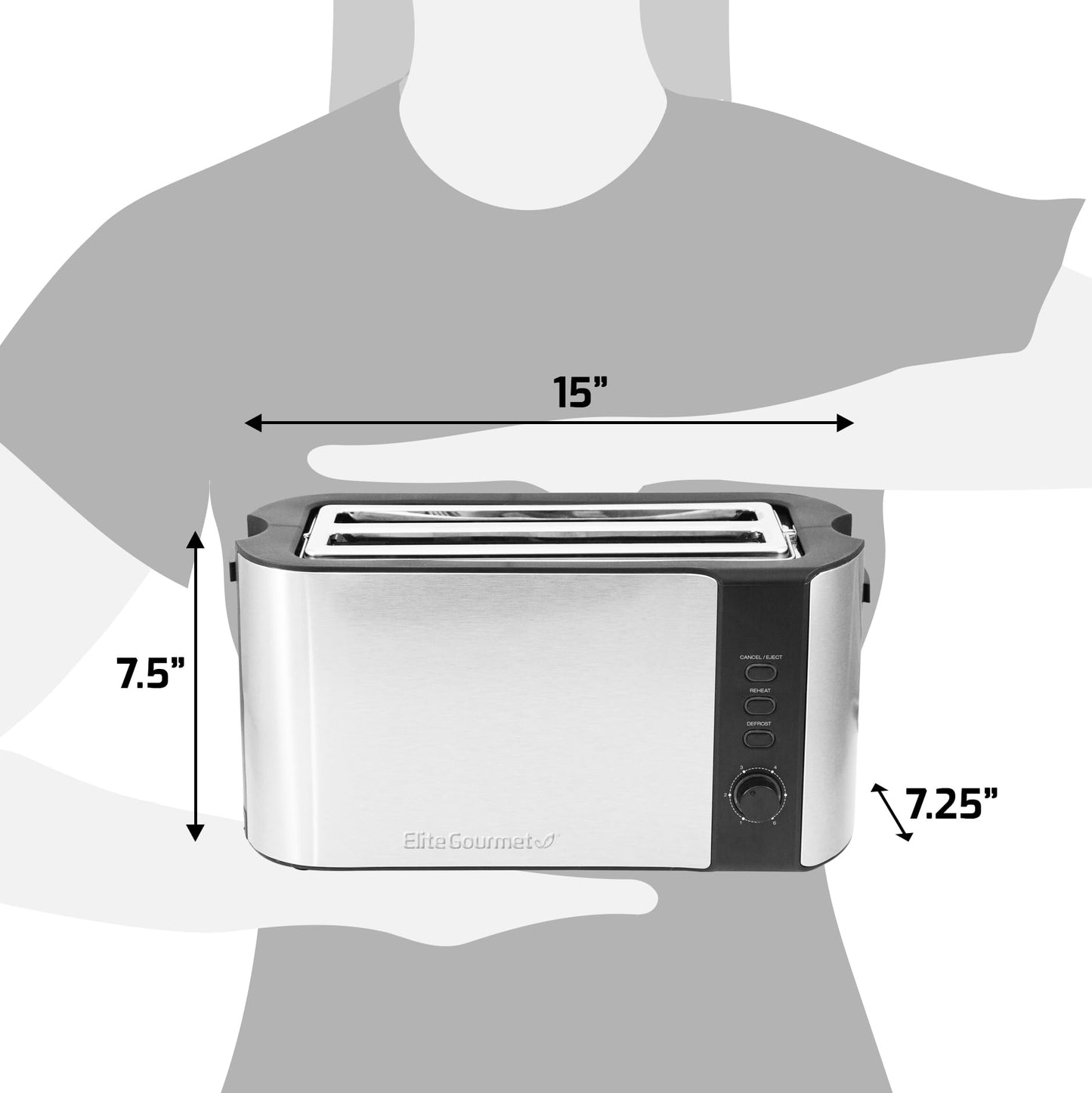 Elite Gourmet ECT-3100# Long Slot 4 Slice Toaster, Reheat, 6 Toast Settings, Defrost, Cancel Functions, Built-in Warming Rack, Extra Wide Slots for Bagels Waffles, Stainless Steel & Black