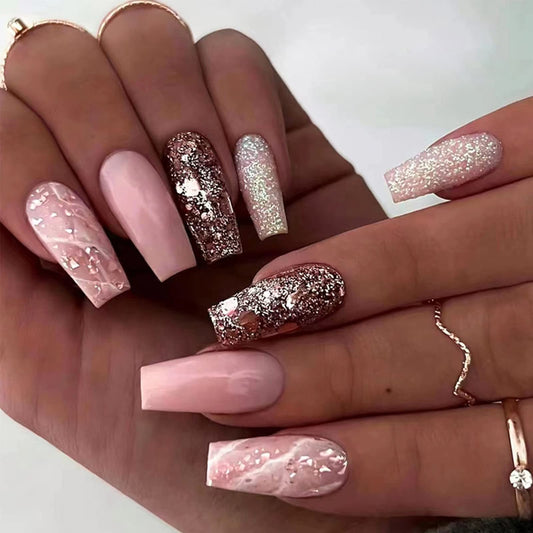 FOAMEE Pink Luxury Press on Nails Long Coffin Bling Fake Nails with Designs Acrylic Glossy False Nails for Women