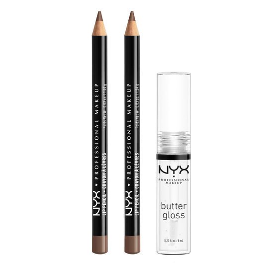 NYX PROFESSIONAL MAKEUP Slim Lip Pencil (Espresso) + Butter Gloss (Sugar Glass, Clear), 3-Pack Bundle