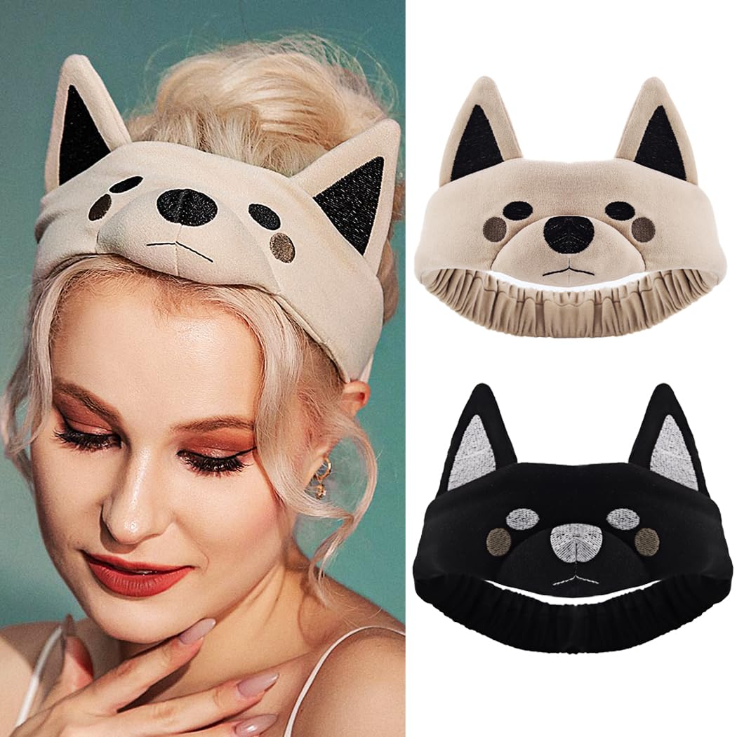 DRESBE Makeup Spa Headband Animal Headbands Washing Face Shower Hairband Animal Ears Yoga Hair Accessories for Women Girls (Black+Khaki)