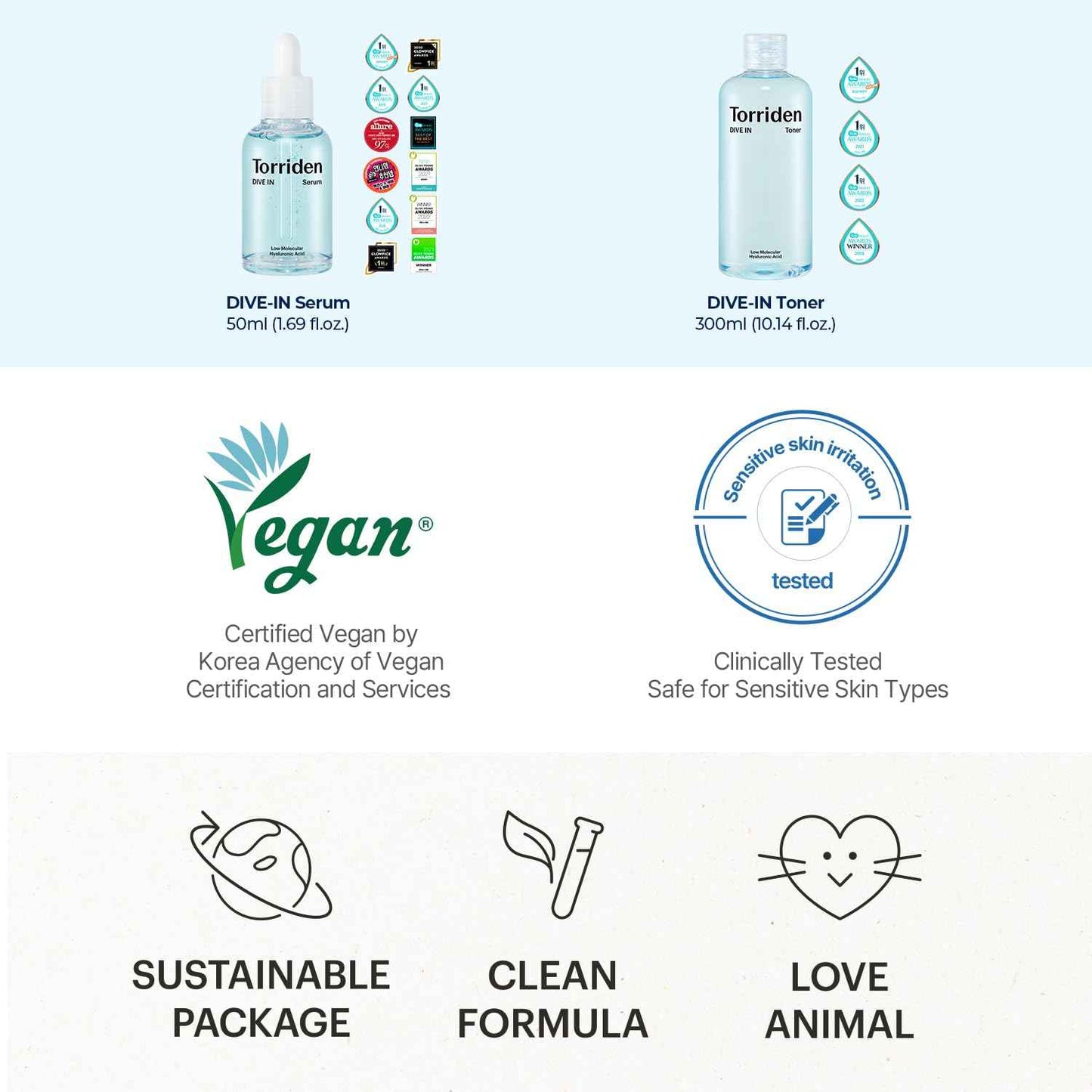 TORRIDEN Dive-in Low-molecular Hyaluronic Acid Serum 1.69 fl oz + Toner 10.14 fl oz | Vegan Clean Cruelty Free Facial Ampoule Moisturizer Astringent Alcohol-Free Fragrance-Free