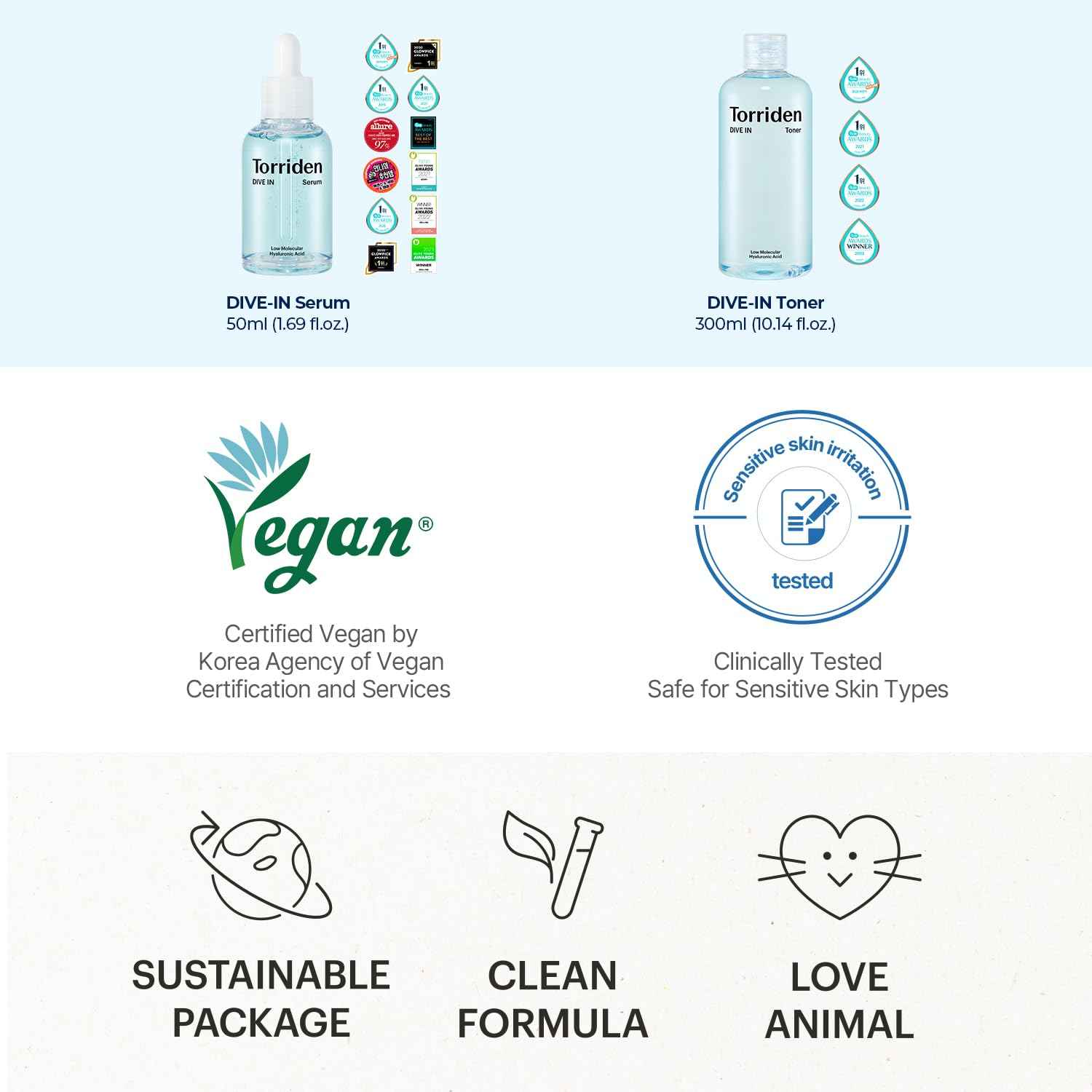 TORRIDEN Dive-in Low-molecular Hyaluronic Acid Serum 1.69 fl oz + Toner 10.14 fl oz | Vegan Clean Cruelty Free Facial Ampoule Moisturizer Astringent Alcohol-Free Fragrance-Free