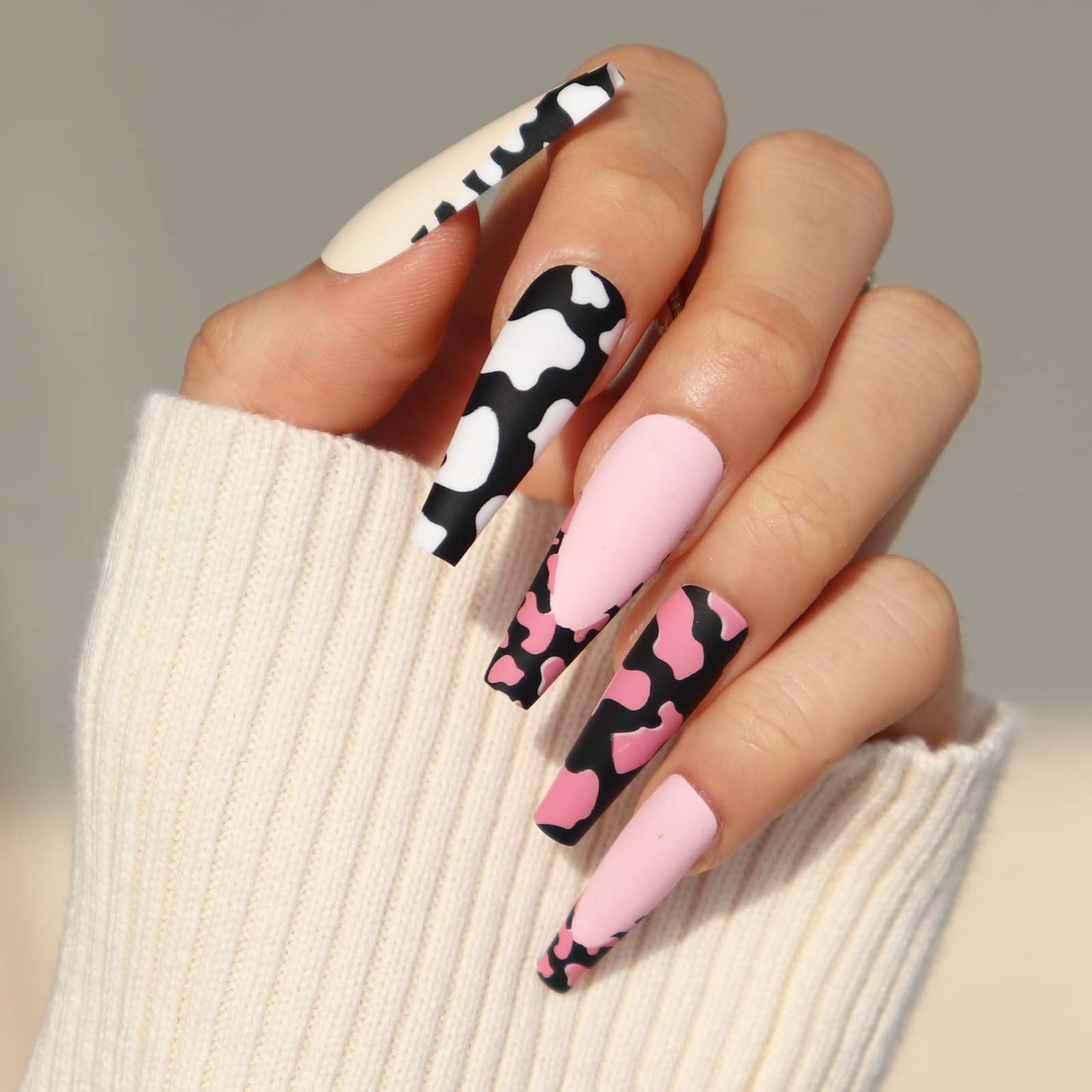 BABALAL Long Press on Nails Coffin Fake Nails Cow Print Nails Ballerina Nails Matte False Nails for Women and Girls