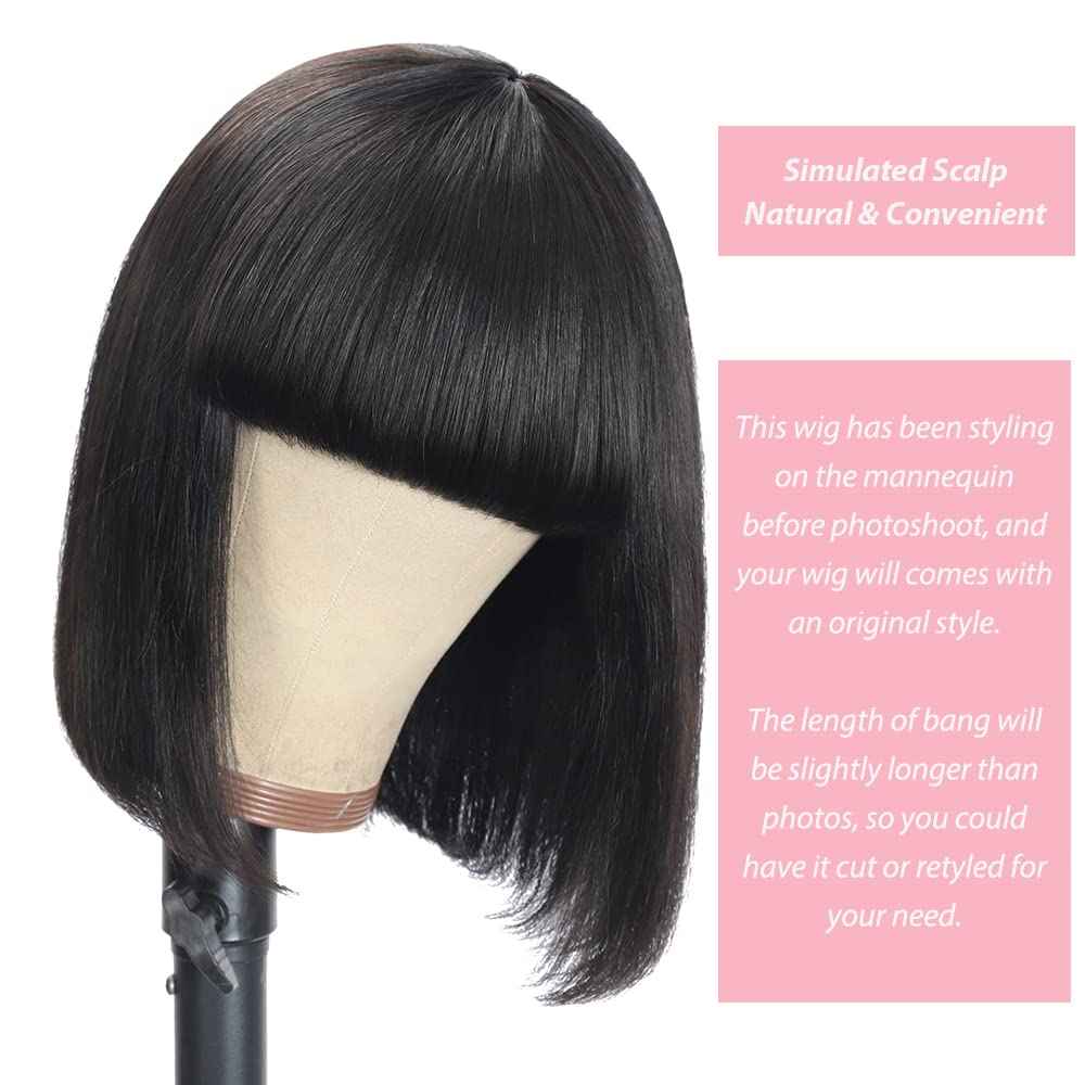 CINCIN Short Bob Wig with Bangs 100% Human Hair None Lace Front Machine Made Straight Bob Wigs for Women Natural Color Wigs Daily 14 Inch