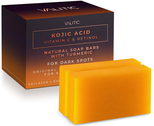 VALITIC Kojic Acid Vitamin C and Retinol Soap Bars with Turmeric for Dark Spot - Original Japanese Complex Infused with Collagen, Hyaluronic Acid, and Vitamin E (2 Pack)