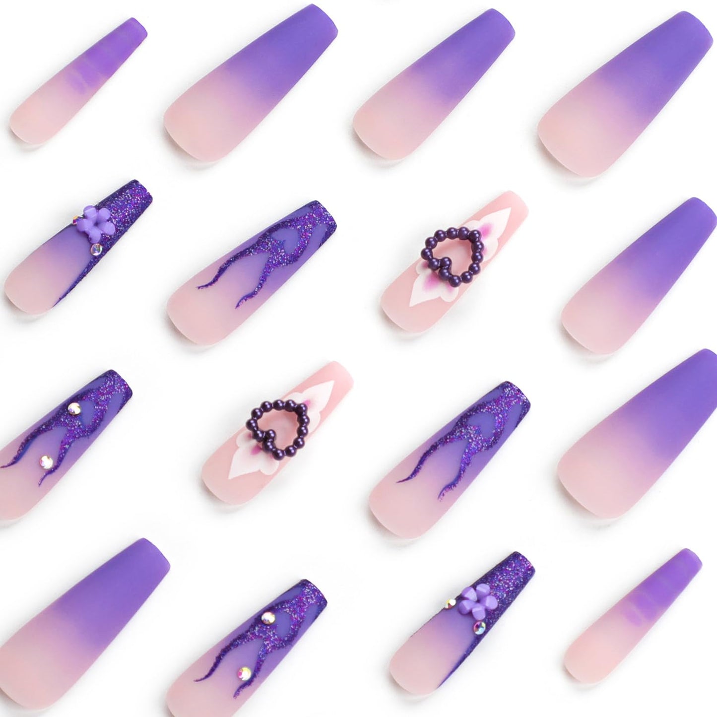 24Pcs CEWEWP Purple Press on Nails Long Coffin Fake Nails Flash Powder False Nails with Pearl Charm Nails Rhinestone Design Glossy Stick on Nails for Women