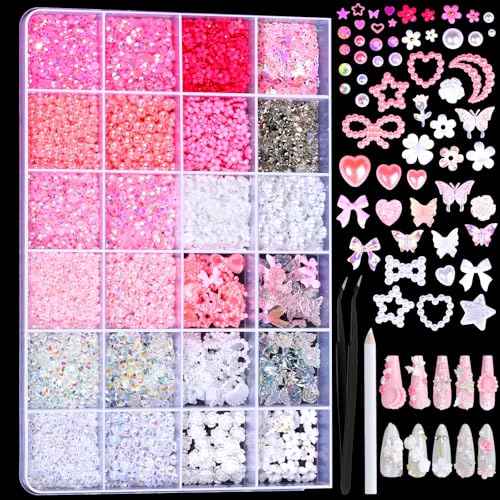 FAMDAMEI 24 Grid Flat Back Pearls and Rhinestones for Bedazzling Kit, Clear White Pink Pearls Flatback Resin Jelly Rhinestones,Flower 3D Nail Charms and Gems for Crafting Rhinestones for Crafts