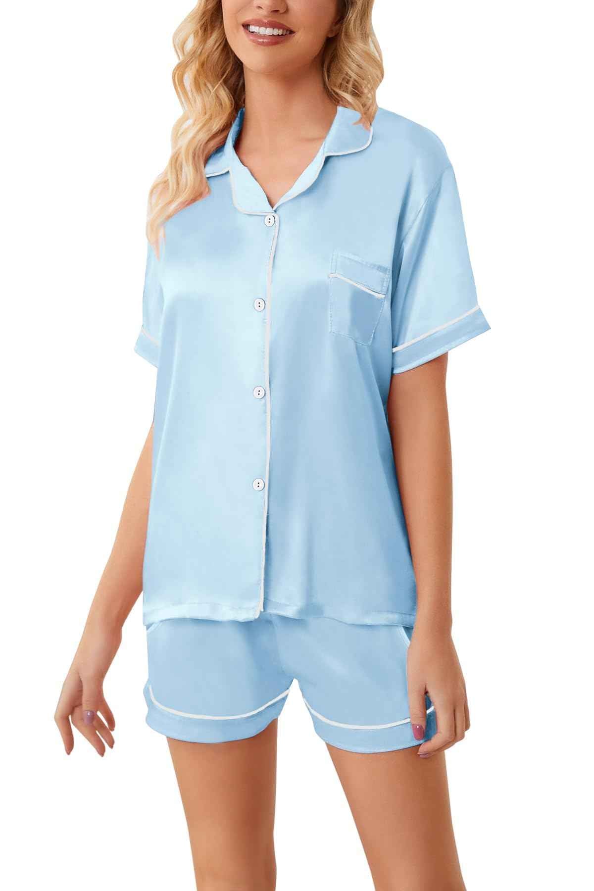 Satin Pajamas for Girls Silk Button Down PJ Set Sleepwear, Blue, 13-14 Years