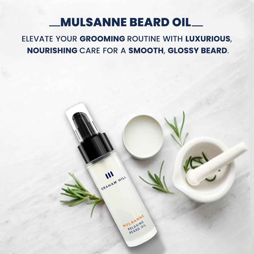 Graham Hill Mulsanne Relaxing Beard Oil for Men - 30ml | Nourishing Beard Growth Oil with Cold-Pressed Jojoba, Prickly Pear, and Mint - Vegan, Beard Oil for Glossy Smooth Beard and Mustache