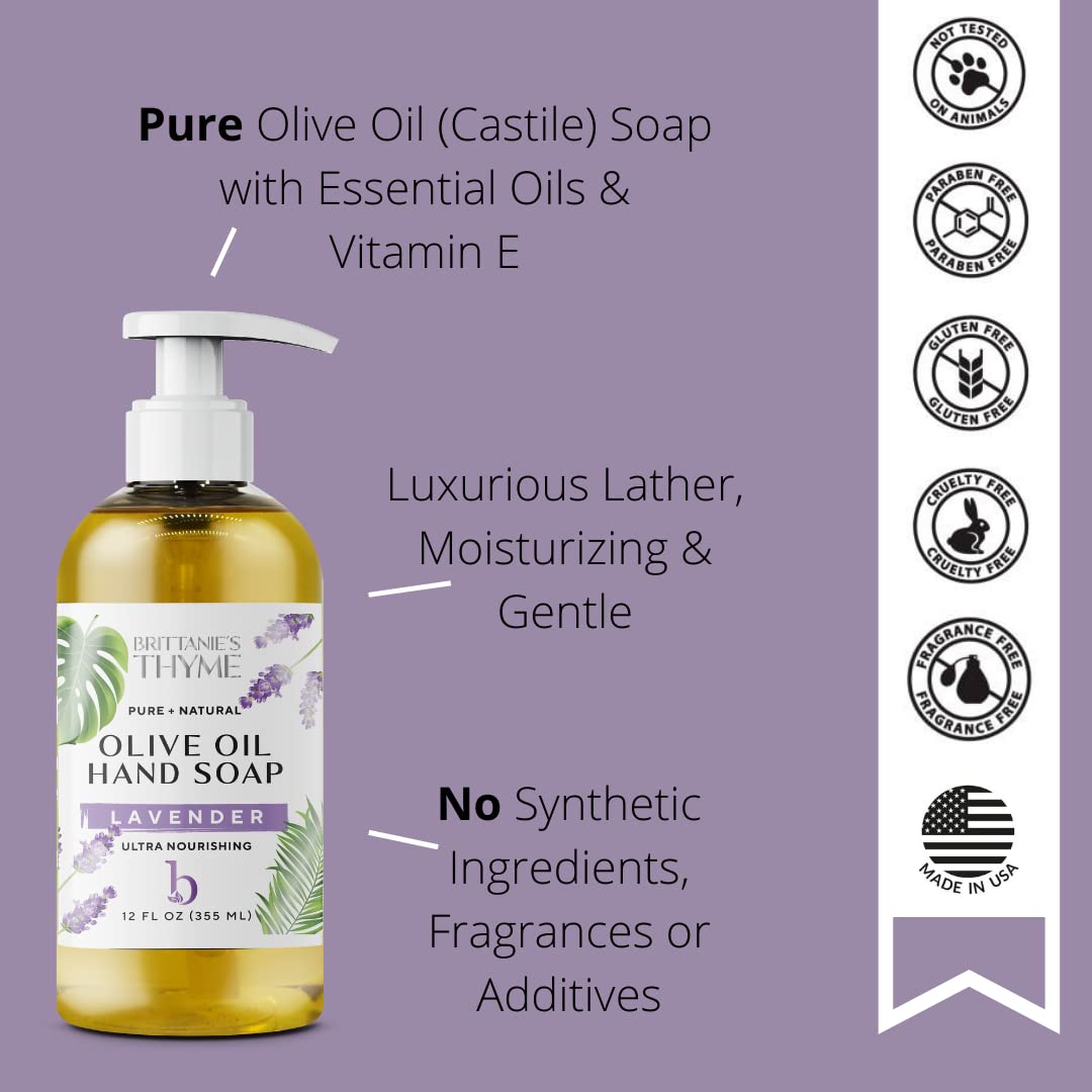 Brittanie's Thyme Organic Natural Hand Soap, 16 oz (Lavender) Moisturizing Castile Soap Made Olive Oil And Natural Luxurious Essential Oils. Vegan, Gluten & Cruelty Free,