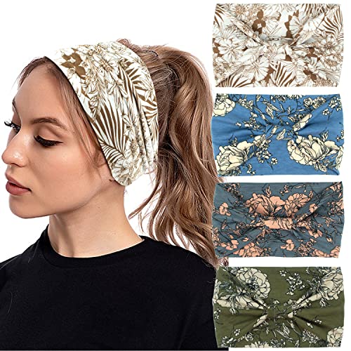 Mevnccola Wide Headbands for Women, Non Slip Stretchy Turban Headband, Large Knotted Headband, Soft Boho Head Band for Daily Life Workout Yoga 4 Pack