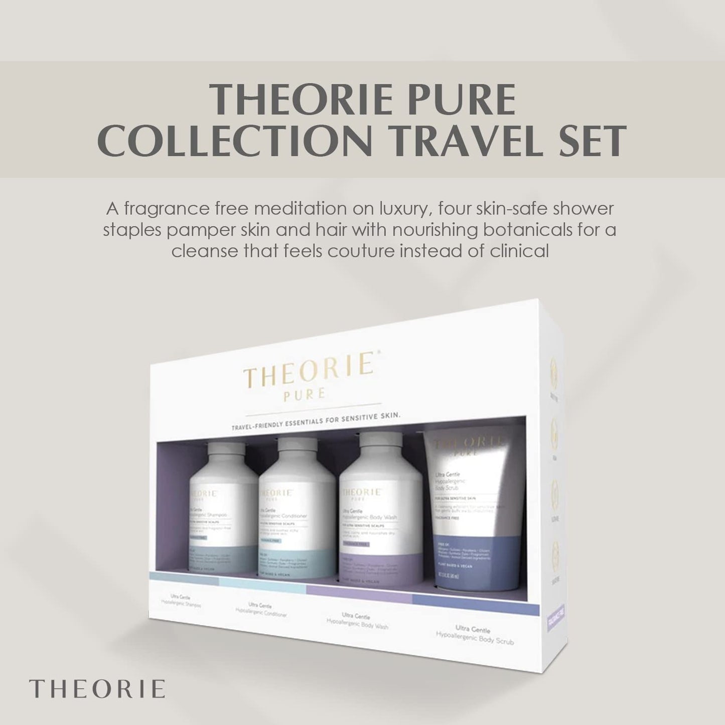 THEORIE PURE Collection Travel Set- Hypoallergenic-Shampoo, Conditioner, Body Wash & Face and Body Scrub- Fragrance-Free. No Sulfate, Paraben, Phthalate,or synthetic Dyes- Clean Beauty for Hair & Body