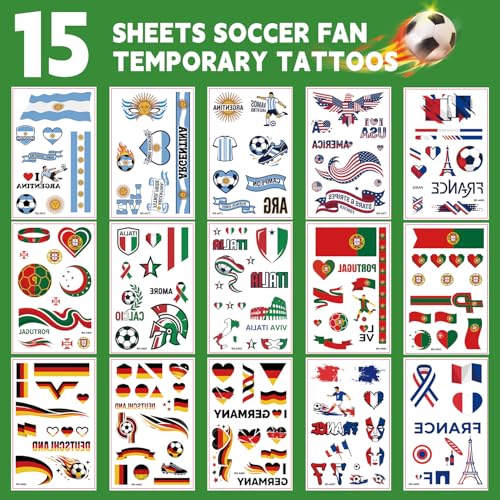 World Cup 2026 Temporary Tattoos - 15 Sheets Waterproof Soccer Fan