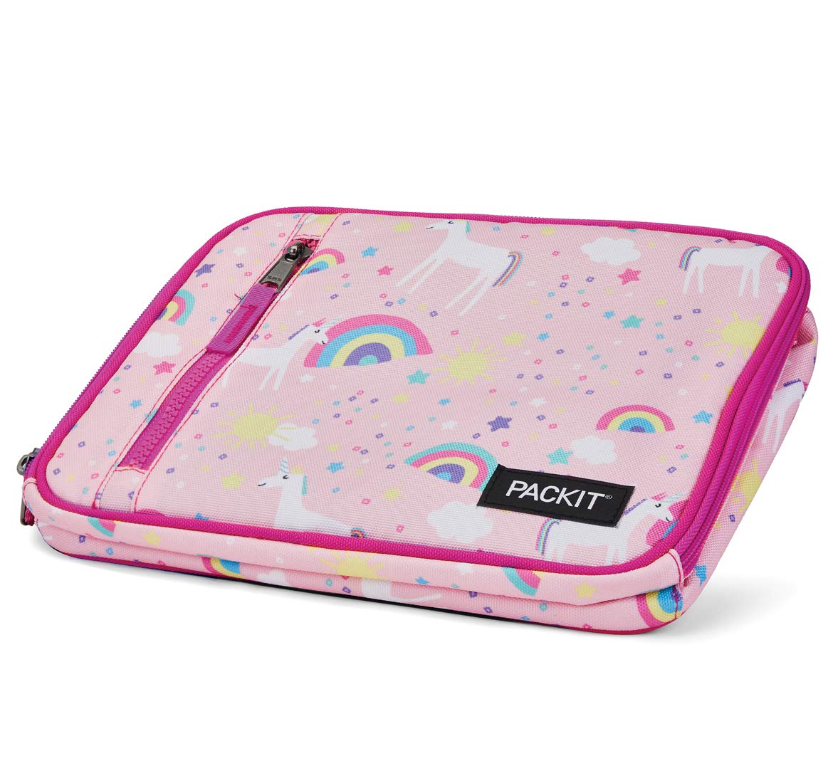 PackIt Freezable Classic Lunch Box, Unicorn Sky Pink, Built with EcoFreeze Technology, Collapsible, Reusable, Zip Closure With Zip Front Pocket and Buckle Handle, Perfect for School Lunches