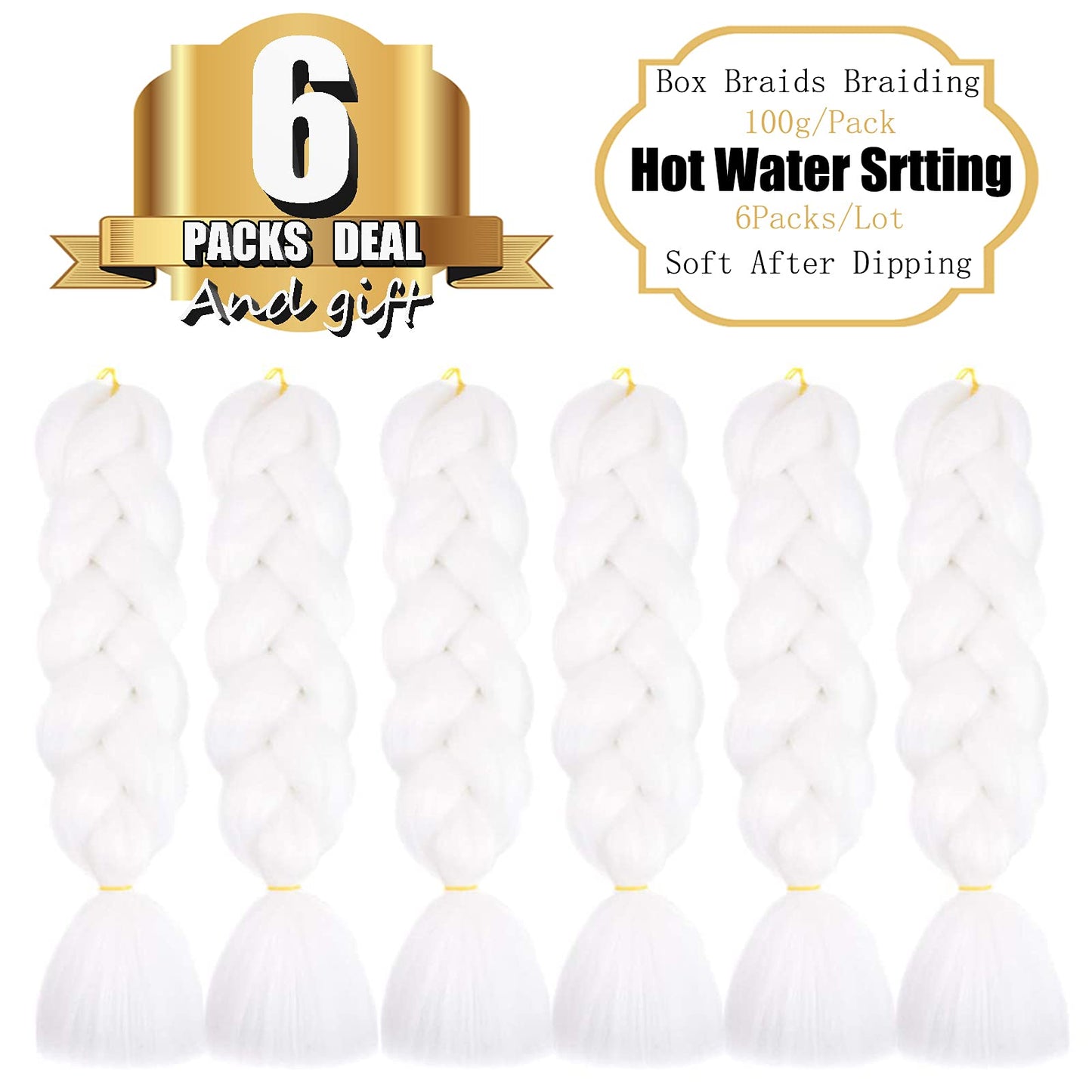 TENGSHUO FLY White Braiding Hair 6 Packs Synthetic Braid Hair Extensions Jumbo Ombre Braiding Hair 24 Inch or Box Braids Twist Crochet Braids(24"6Pack,White(60#)