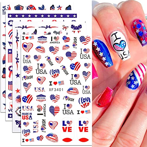 Independence Nail Art Sticker - 8 Sheets 4th July Nail Stickers 3D Self Adhesive Nail Art Decoration Red Blue Flag Eagle Heart Lip Nail Design for Acrylic Nail