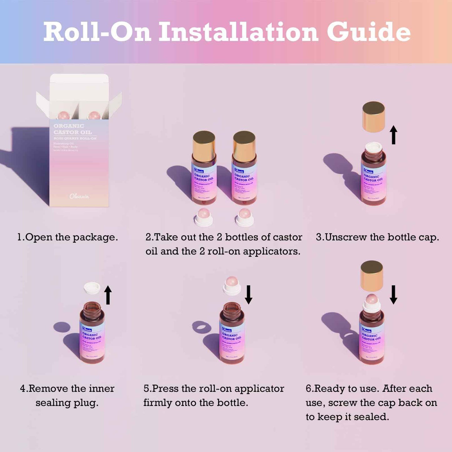 Olvaxin Organic Castor Oil Roll-On with Rose Quartz - 2 Pack x 1.7 fl oz(50mL) | Brown Glass Bottle, Cold Pressed, Hexane Free, Unrefined | Nourishing Oil for Face, Hair and Body