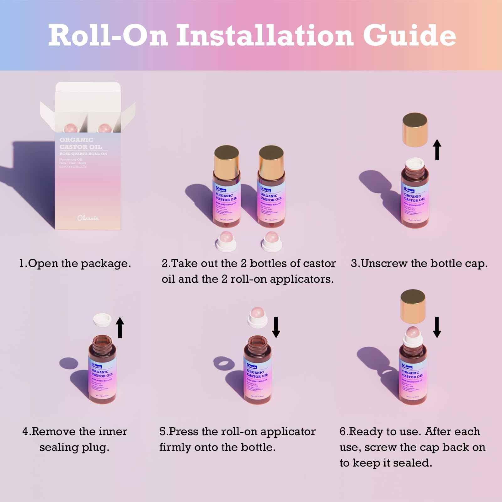 Olvaxin Organic Castor Oil Roll-On with Rose Quartz - 2 Pack x 1.7 fl oz(50mL) | Brown Glass Bottle, Cold Pressed, Hexane Free, Unrefined | Nourishing Oil for Face, Hair and Body