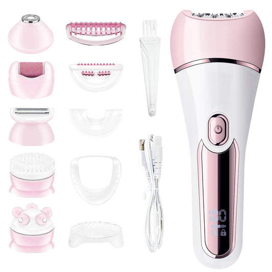 Epilator for Women, 6 in 1 Hair Removal Epilator, Shaver, Face Razor, Facial Brush, Face Massage and Body Exfoliator,IPX7 Waterproof Rechargeable Hair Removal for Women (Pink)