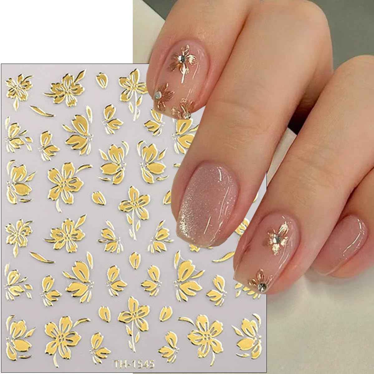 6Pcs Gold Nail Art Stickers 3D Metallic Floral Leaf Nails Decals Gold Cherry Blossom Flower Nail Stickers Butterfly Nails Art Design Supplies for Women Girl Spring DIY Manicure Decoration Accessories