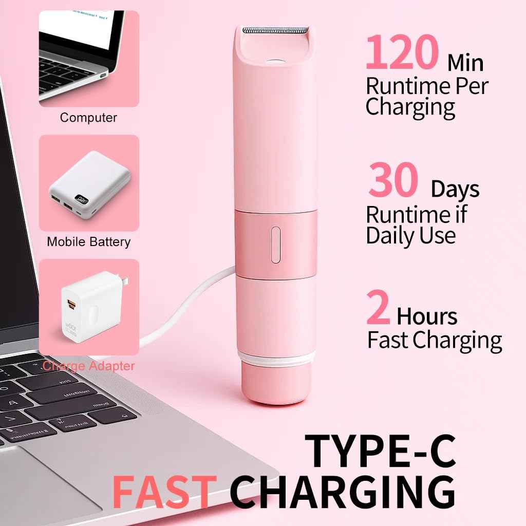 Bikini Trimmer for Women - 2 in 1 Painless Electric Razors for Women, IPX7 Waterproof Rechargeable LED Dual Head Electric Shaver for Lady Bikini Underarm, Body, Leg, Face Hair Remove - Pink