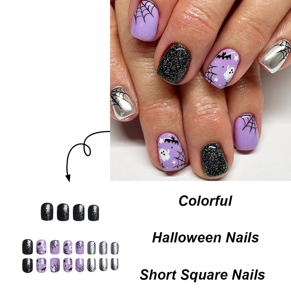 Halloween Purple Press on Nails Short Square Fake Nails with Black Glitter Design Halloween Glue on Nails Full Cover Halloween Nails Stick on Nails for Women Halloween Nail Art Decoration 24Pcs