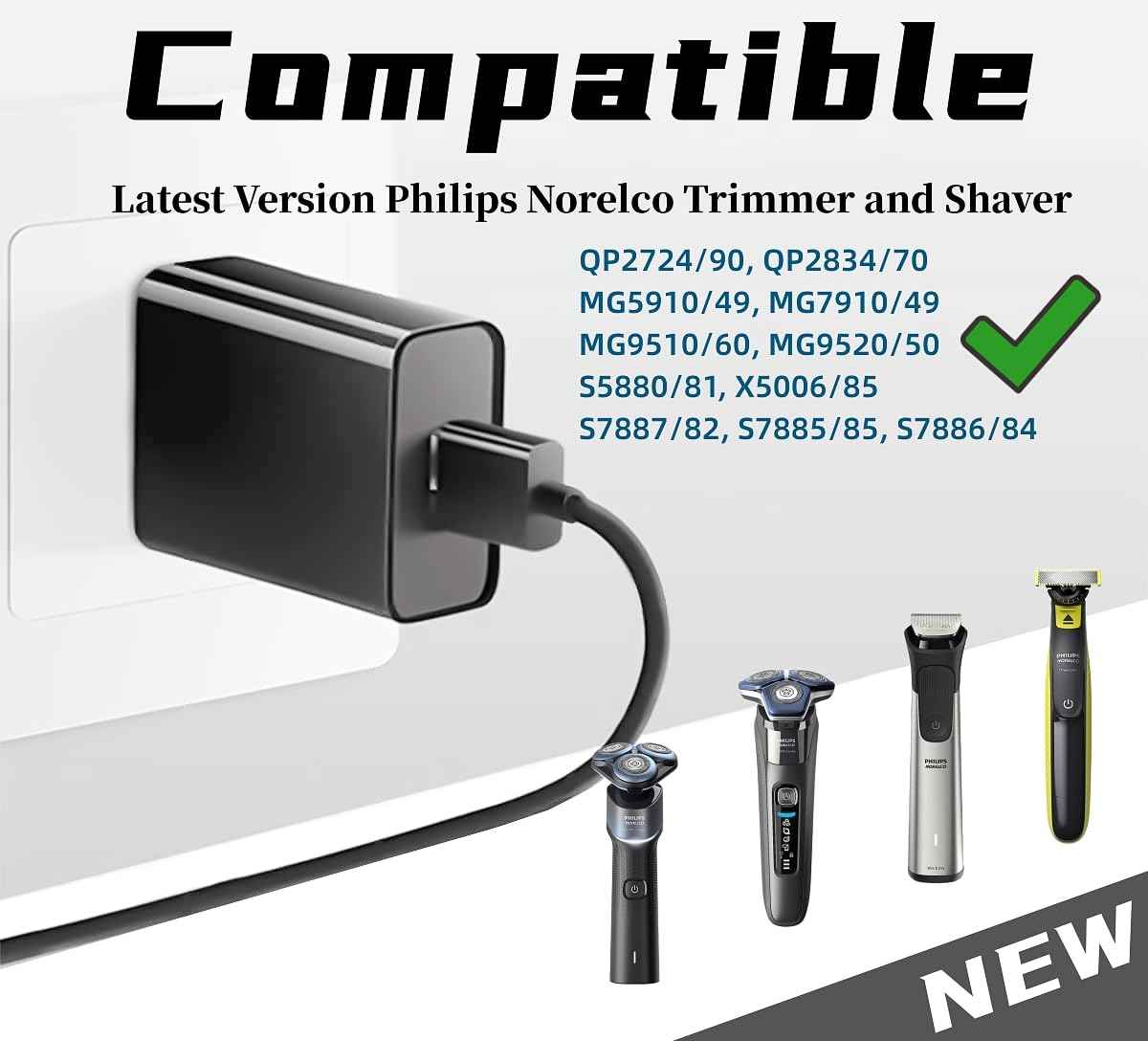 Qjin 5V USB Charger for Philips Norelco Shaver QP2724, QP2834, QP4530, QP6552, S7887, S5880 & MG9520, MG7910, MG5910 Trimmer