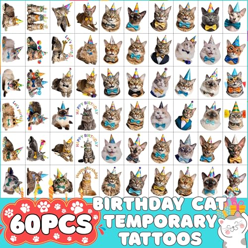 Cat Temporary Tattoos | Birthday Cat Birthday Party Decorations Party Favors Supplies Accessories D?cor Stickers Gift Idea For Kids Teen Boy Girl Adult 60Pcs 4 Sheets Pre-cut
