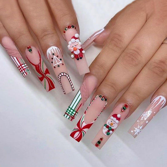 Christmas Press on Nails Long Square Coffin Fake Nails Red Glitter Full Cover Stick on Nails with Santa Claus Rhinestones Designs False Nails Snowflake Acrylic Nails Christmas Nails for Women Girls