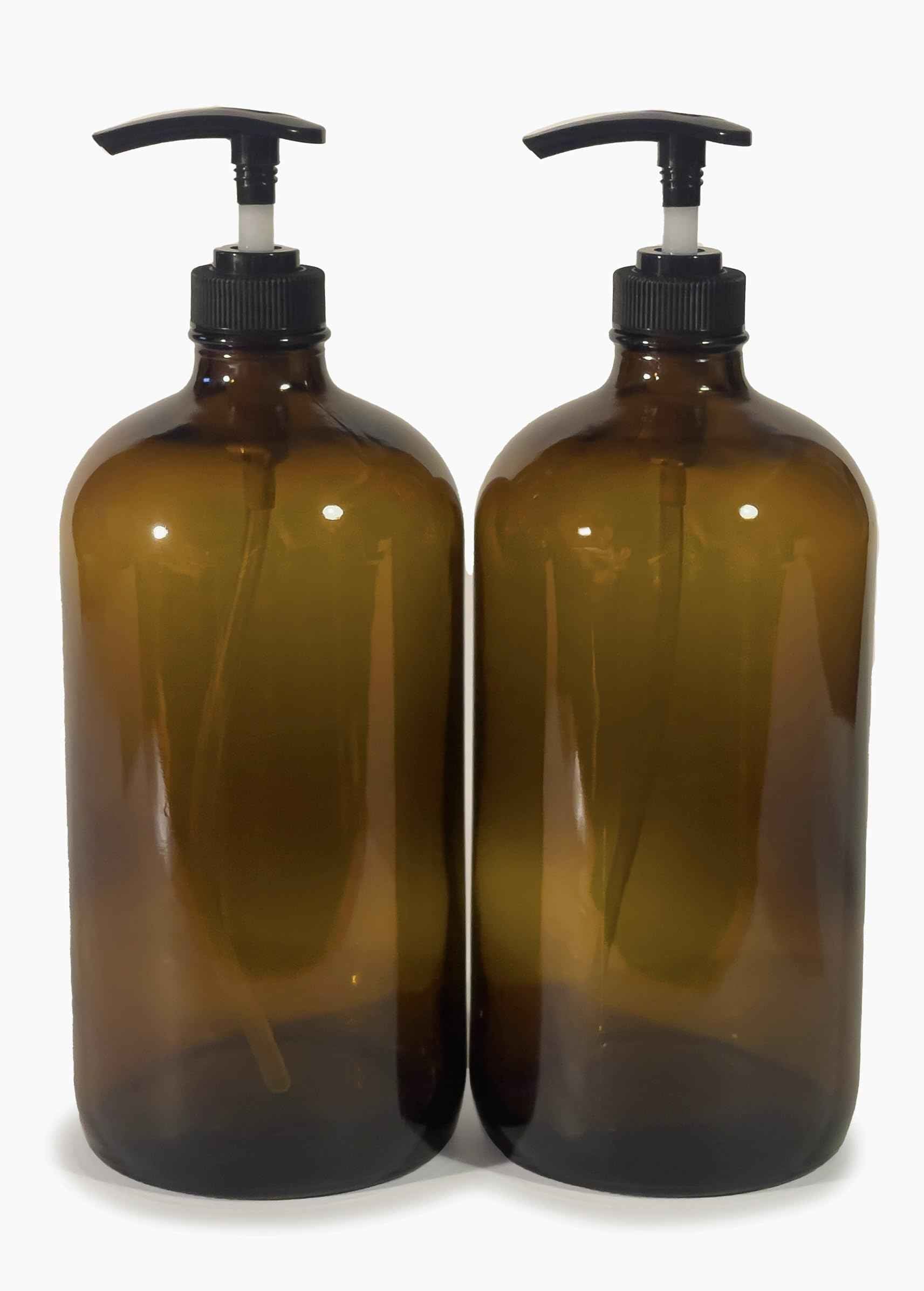 Vivaplex, 2, Large, 32 oz, Empty, Amber Glass Bottles with Black Lotion Pumps