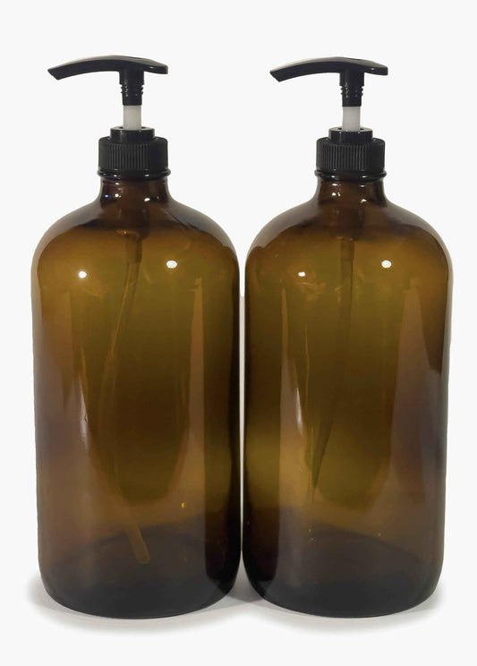 Vivaplex, 2, Large, 32 oz, Empty, Amber Glass Bottles with Black Lotion Pumps