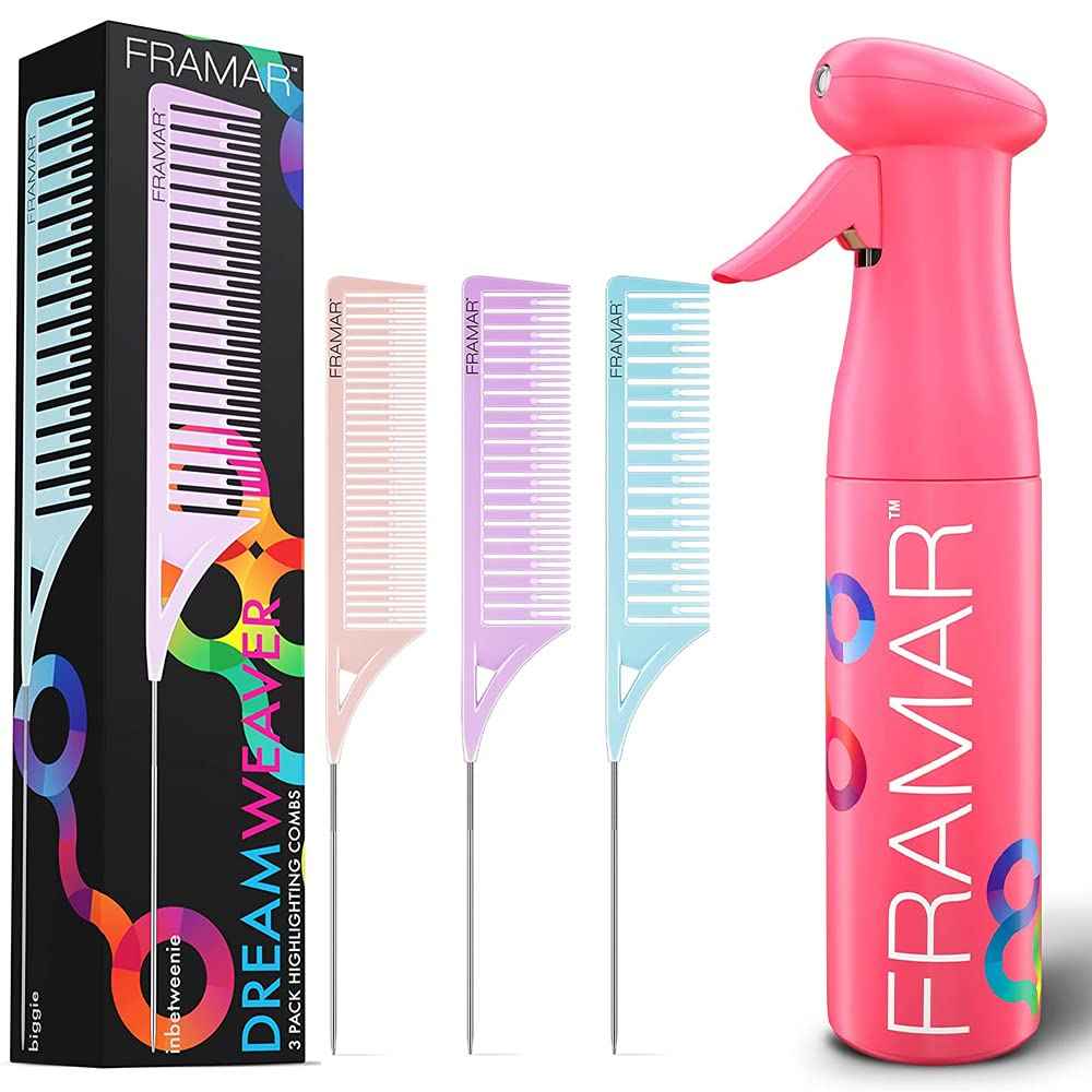 FRAMAR Dreamweaver Highlight Comb Set – Combs for Hair Stylist- FRAMAR Pink Premium Hair Spray Bottle Continuous Mist