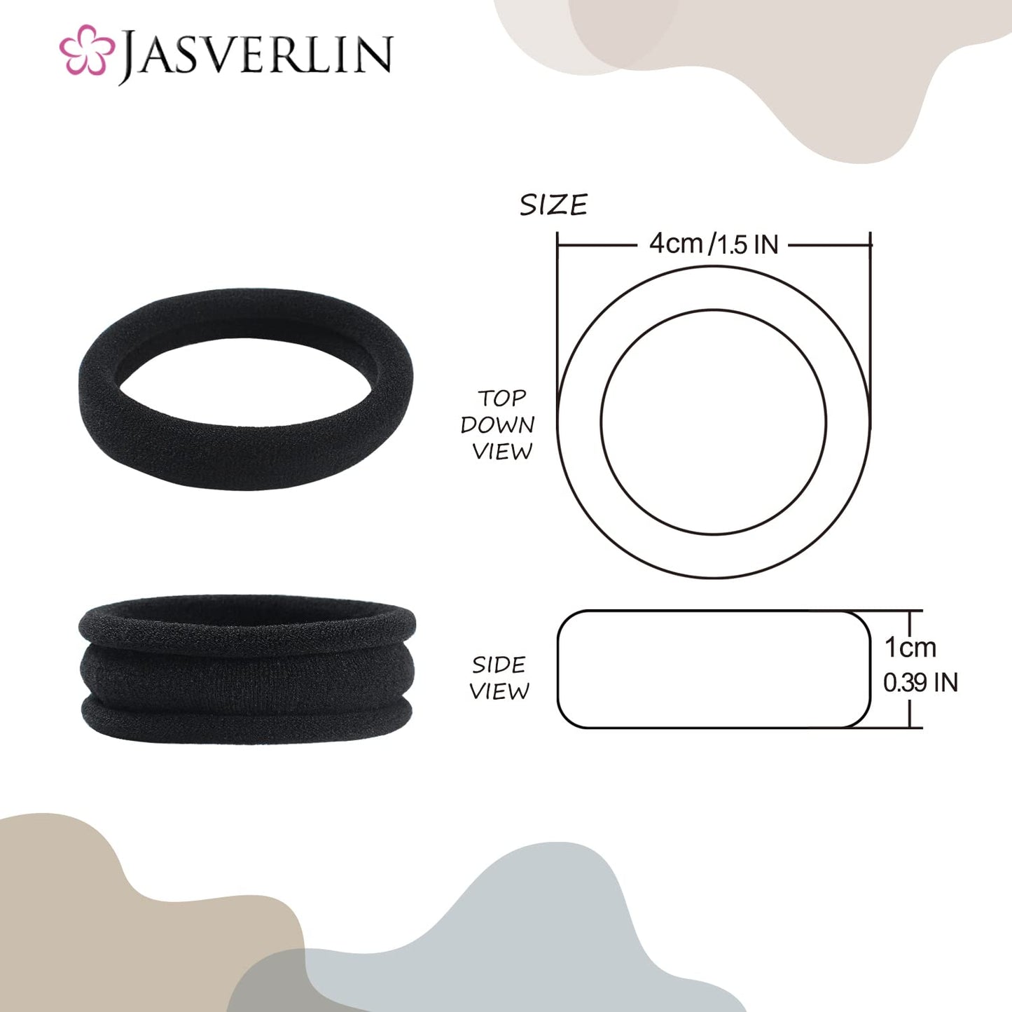 JASVERLIN 100 pcs Seamless Cotton Black Hair Ties, Thick Hair Elastic Bands Soft No Damage Ponytail Holders for Women Girl 1.5 inch (Black)