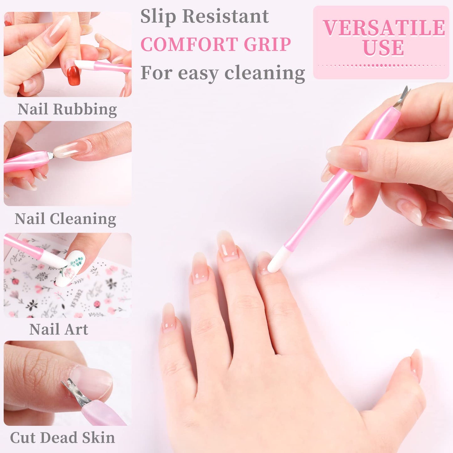 heemeei 50Pcs Nail Cuticle Trimmer Rubber Nail Cleaner, Plastic Handle Cuticle Knife, Double End Nail Dead Skin Fork Cuticle Pusher Bulk Nail Art Cuticle Remover Tools(Pink)